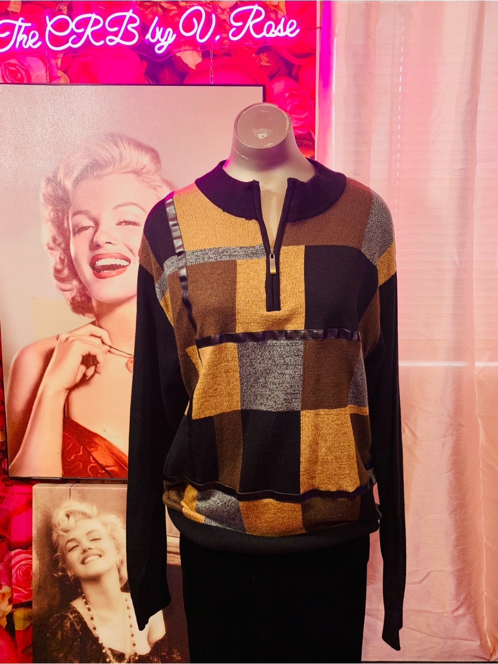 Vintage Colorblock Faux Leather Quarter-Zip Sweater - Black, Brown & Gray